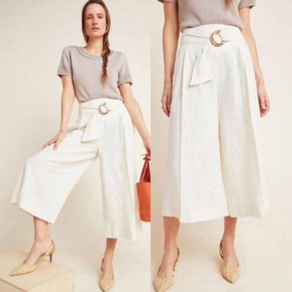 Anthropologie Palm Belt Wide Leg Crop Linen & Cotton Pants Size 12 - Picture 1 of 13